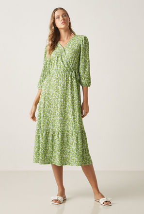 Printed Wrap Dress with 3/4 Sleeves