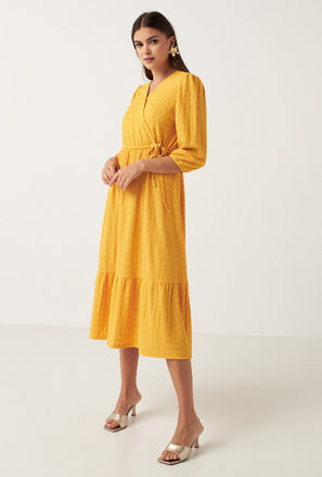 Textured Wrap Dress with 3/4 Sleeves-mxwomen-clothing-dressesandjumpsuits-midi-1