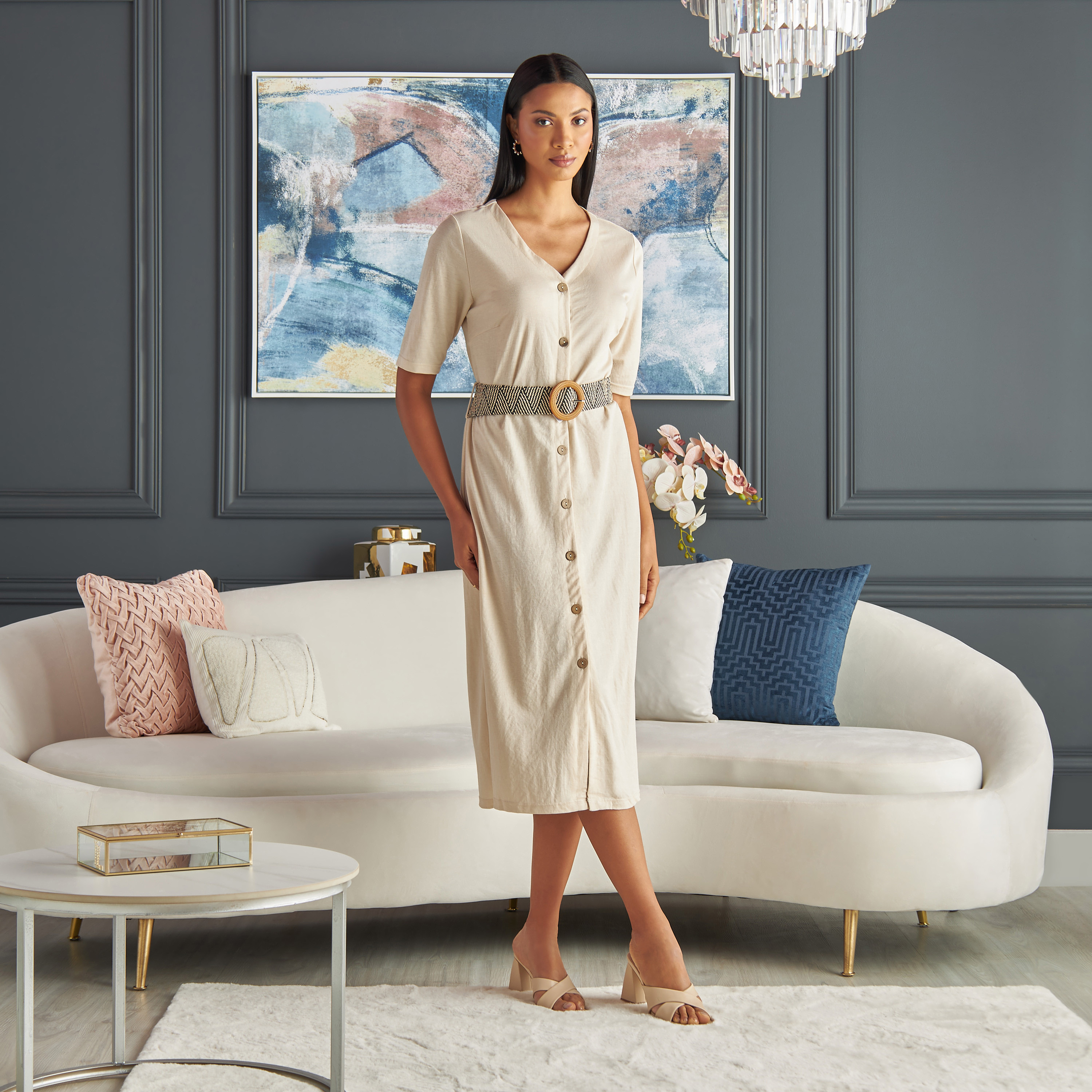 Shop Plain Belted V-neck Dress Online | Max Egypt