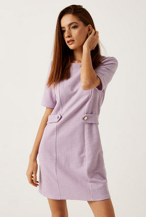Textured Tweed Dress with Round Neck and Button Detail