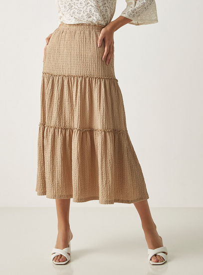 Textured Tiered Midi Skirt with Elasticated Waistband-Midi-image-0
