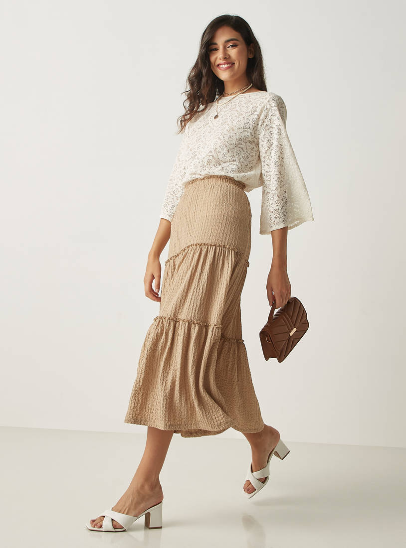 Textured Tiered Midi Skirt with Elasticated Waistband-Midi-image-1