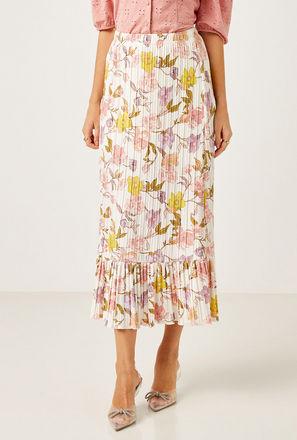 All-Over Floral Print Plisse Midi Skirt