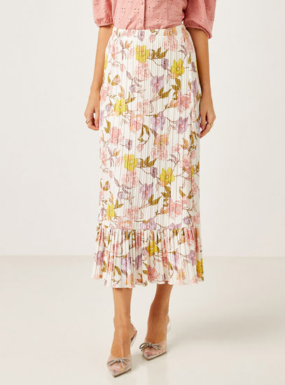 All-Over Floral Print Plisse Midi Skirt-Midi-image-0