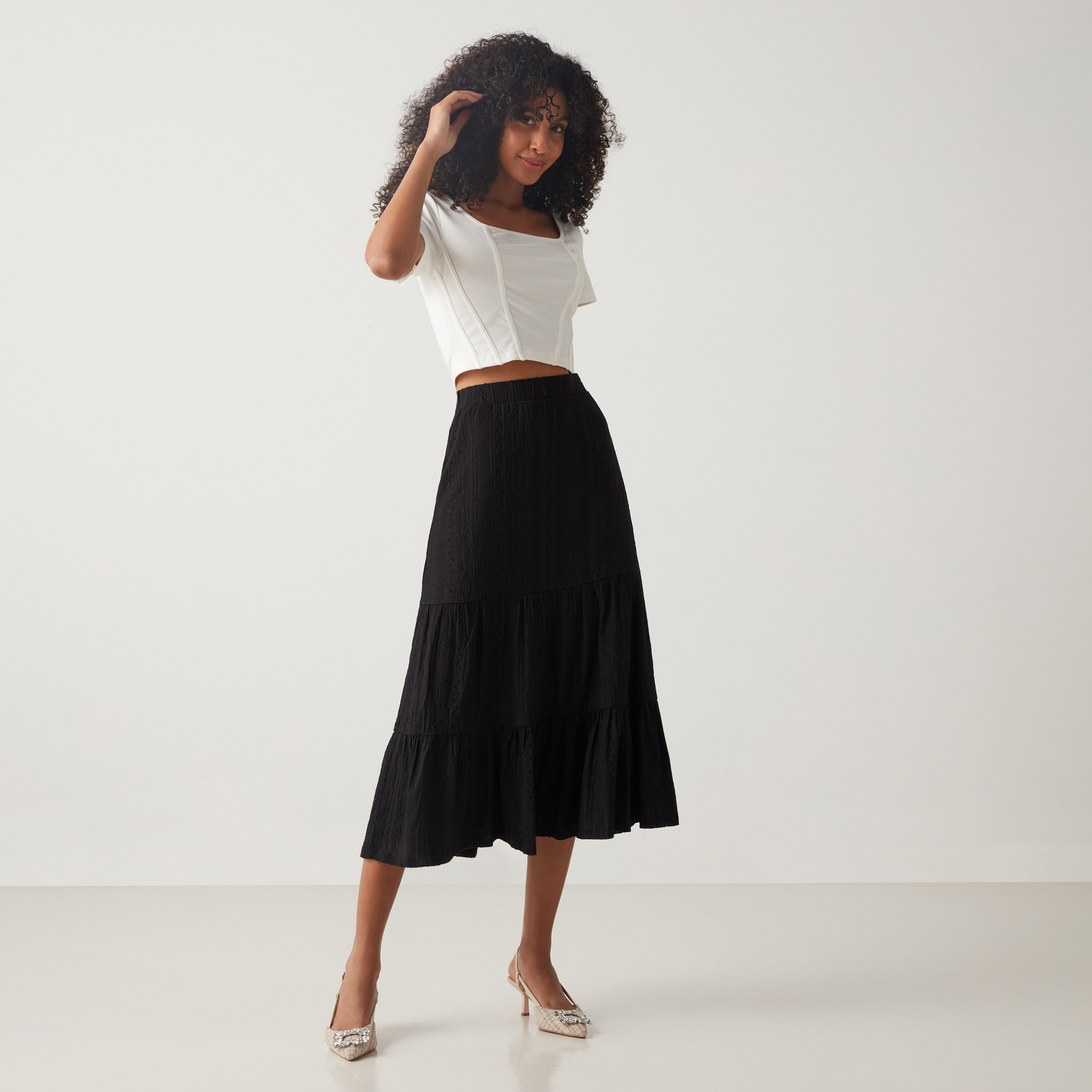 Black midi shop skirt elasticated waist