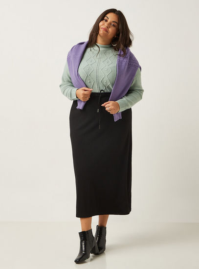 Textured Midi Skirt with Drawstring Closure-Midi-image-0