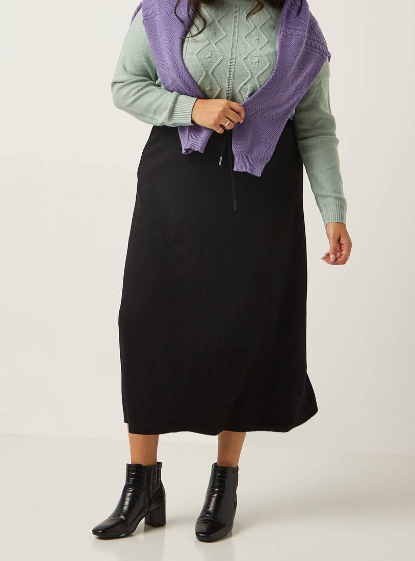 Textured Midi Skirt with Drawstring Closure-Midi-image-1