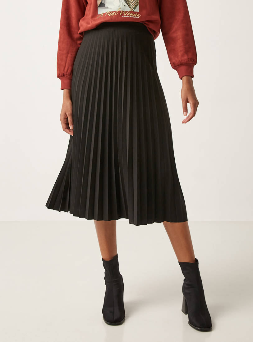 Pleated A-line Skirt with Elasticated Waistband-Midi-image-0