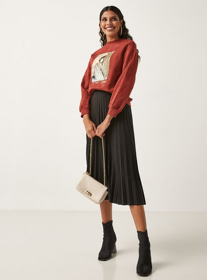 Pleated A-line Skirt with Elasticated Waistband-Midi-image-1
