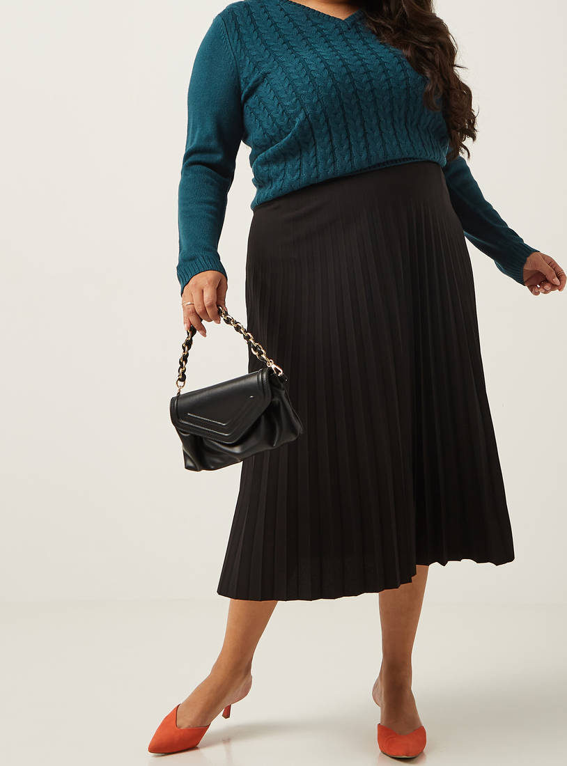 Pleated A-line Skirt with Elasticated Waistband-Midi-image-1