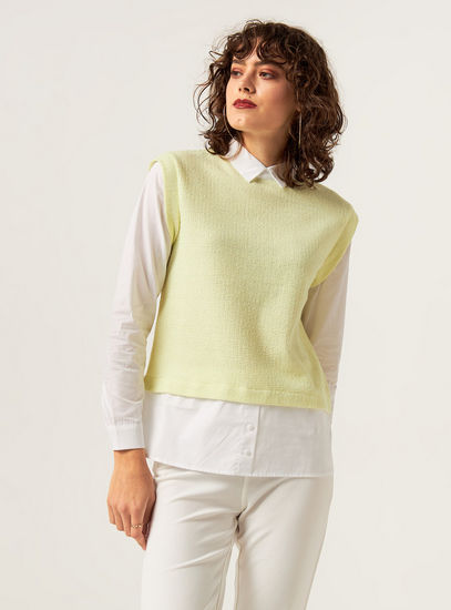 Textured Twofer Top with Collar and Long Sleeves-Blouses-image-0