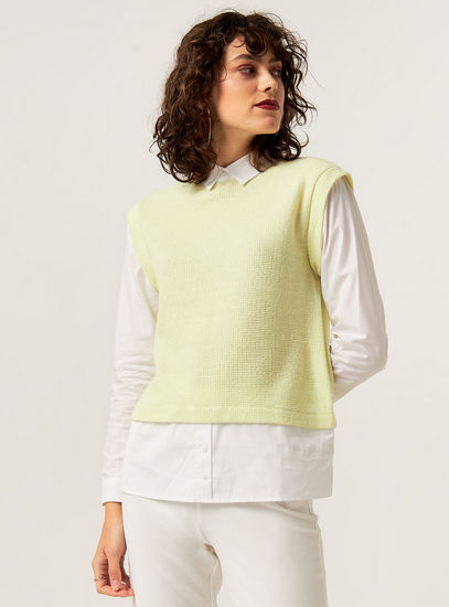 Textured Twofer Top with Collar and Long Sleeves-Blouses-image-1