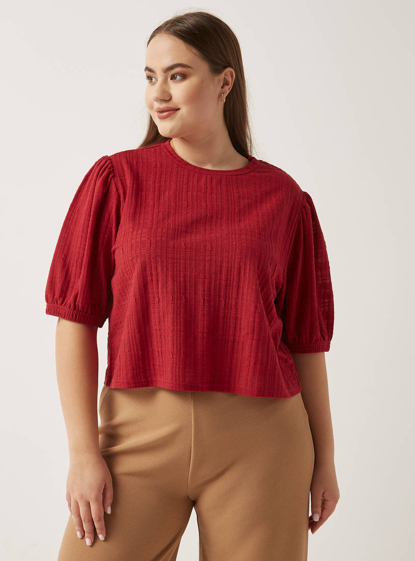 Textured Crew Neck Top with Puff Sleeves-Blouses-image-0