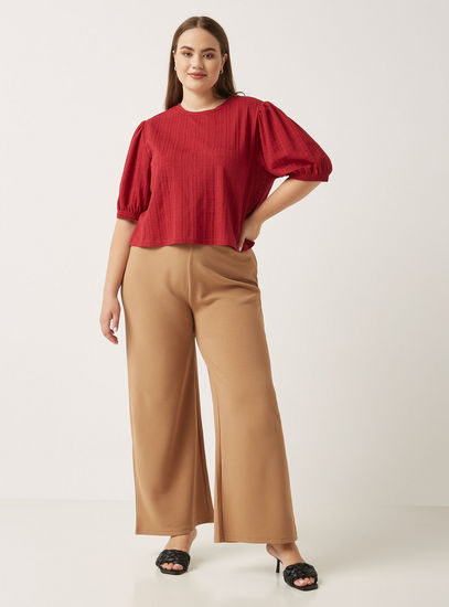 Textured Crew Neck Top with Puff Sleeves-Blouses-image-1