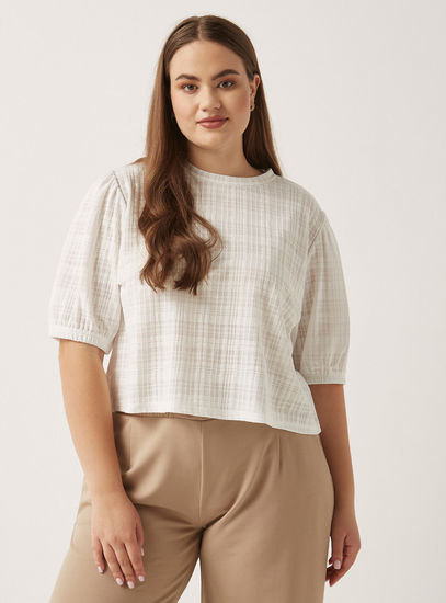 Textured Crew Neck Top with Puff Sleeves-Blouses-image-0