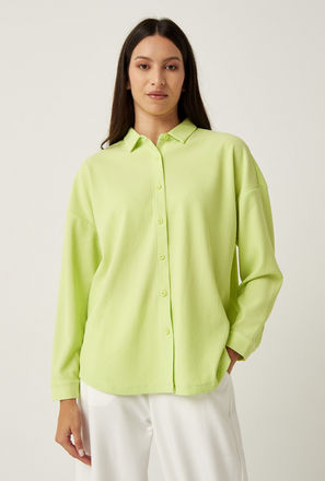 Textured Shirt with Spread Collar and Long Sleeves