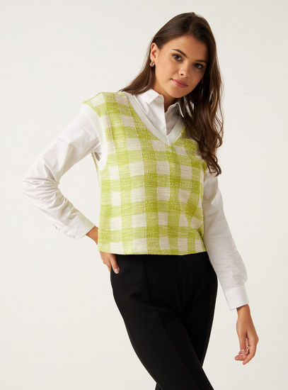 Checked Tweed Sleeveless Sweater with V-neck-Sweaters & Cardigans-image-1