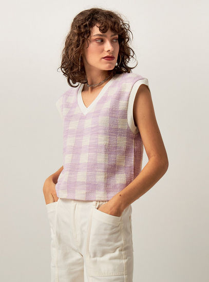 Checked Tweed Sleeveless Sweater with V-neck-Sweaters & Cardigans-image-0