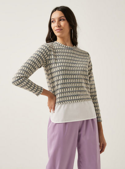 Textured Top with Crew Neck and Long Sleeves-Blouses-image-0