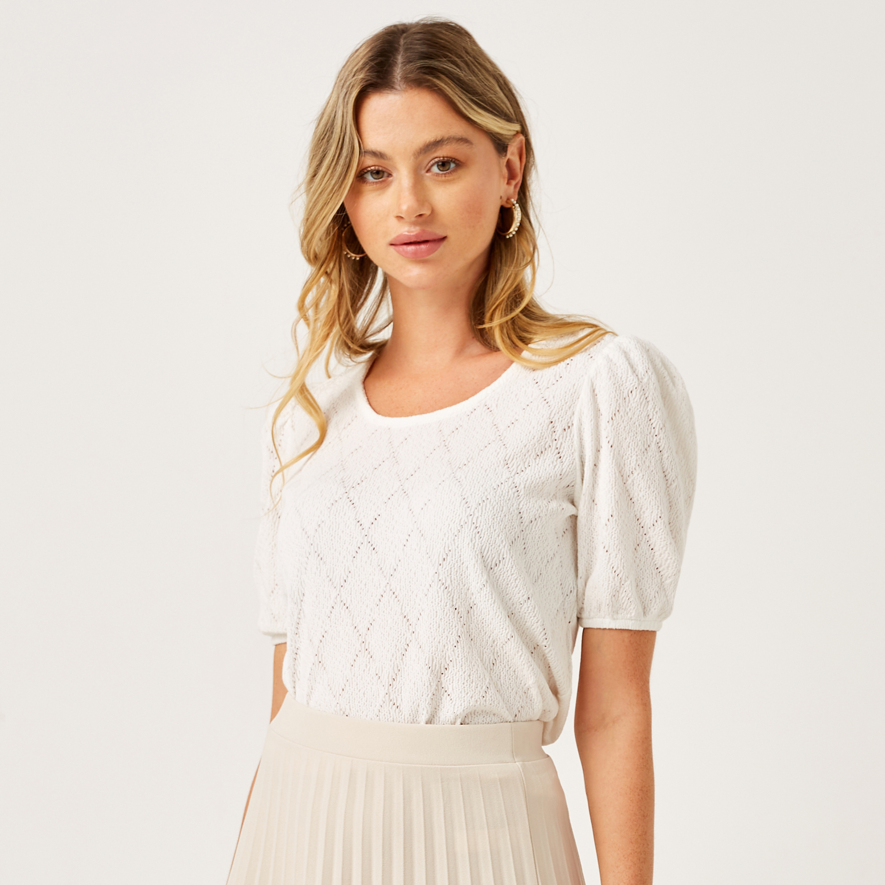 Shop Textured Square Neck Top with Puff Sleeves Online | Max