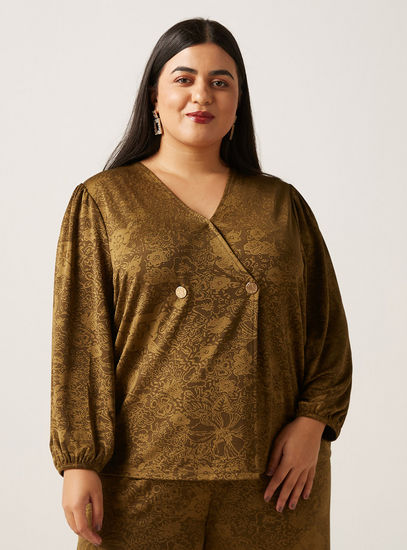 Floral Jacquard Top with V-neck-Shirts & Blouses-image-0