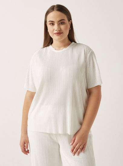 Textured Plisse Top with Round Neck and Short Sleeves-Blouses-image-0