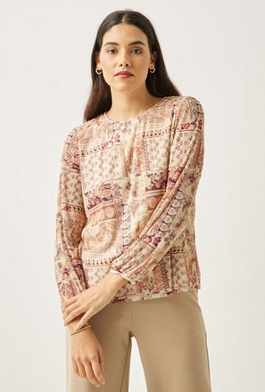 All-Over Floral Print Plisse Top with Round Neck and Long Sleeves