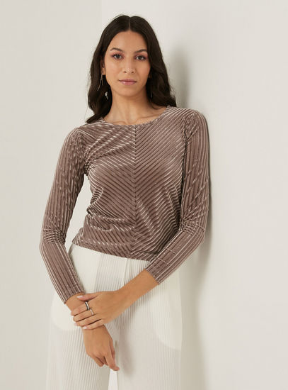 Embellished Round Neck Velvet Top with Long Sleeves