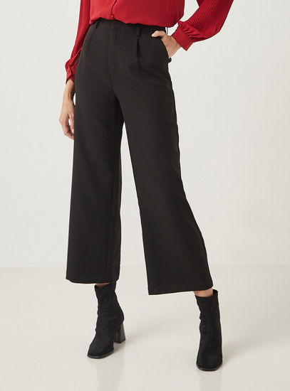 Solid Wide Leg Pants with Button Closure and Pockets