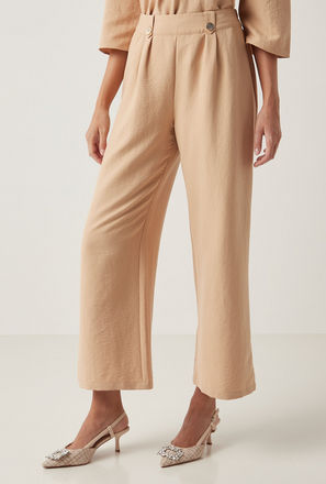 Solid Wide Leg Pants with Semi-Elasticated Waistband and Button Detail