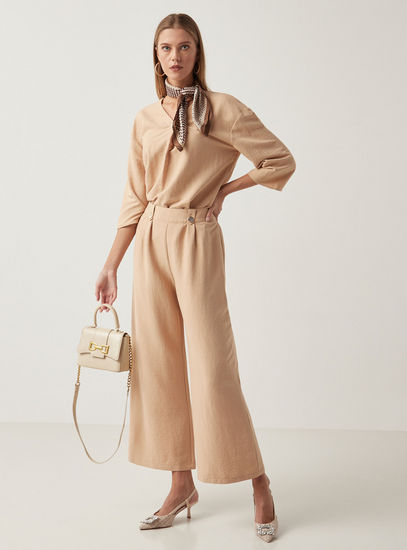 Solid Wide Leg Pants with Semi-Elasticated Waistband and Button Detail