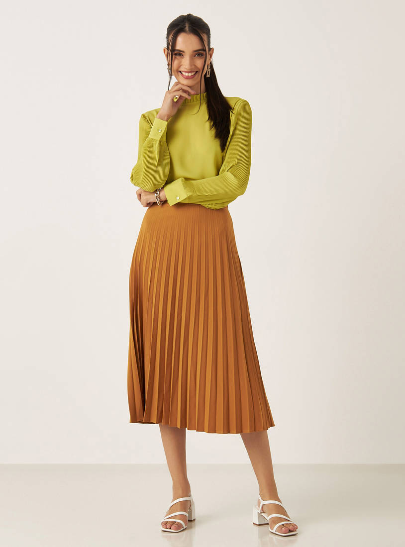 Pleated A-line Skirt with Zip Closure-Midi-image-1