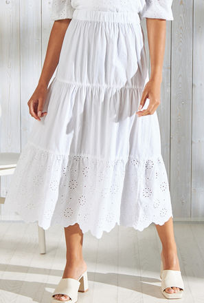 Cotton Schiffli Textured Tiered Midi Skirt