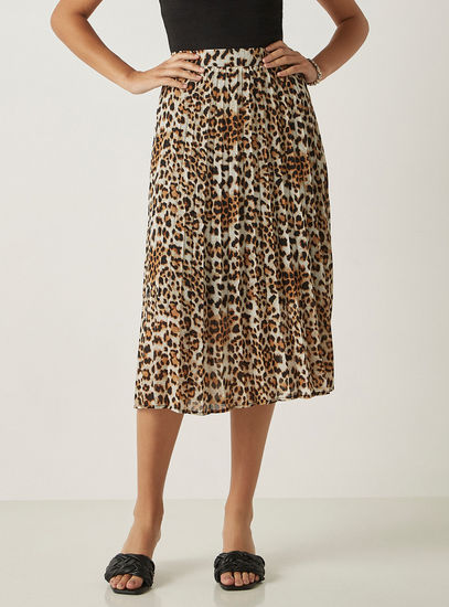 Leopard Print Pleated Midi Skirt with Elasticated Waistband-Midi-image-0