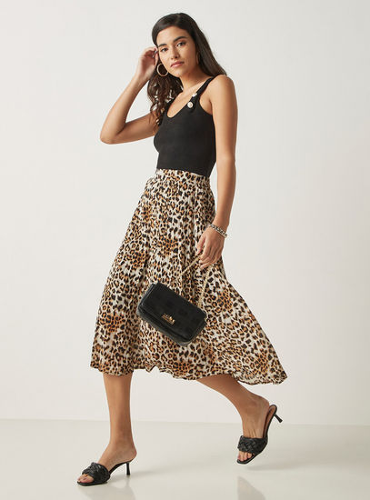 Leopard Print Pleated Midi Skirt with Elasticated Waistband-Midi-image-1