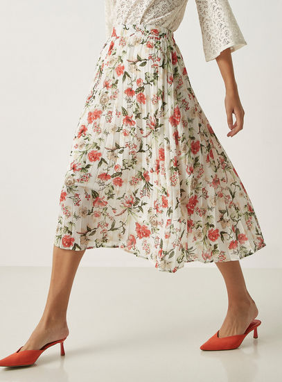 Floral Print Pleated Midi Skirt with Elasticated Waistband-Midi-image-0