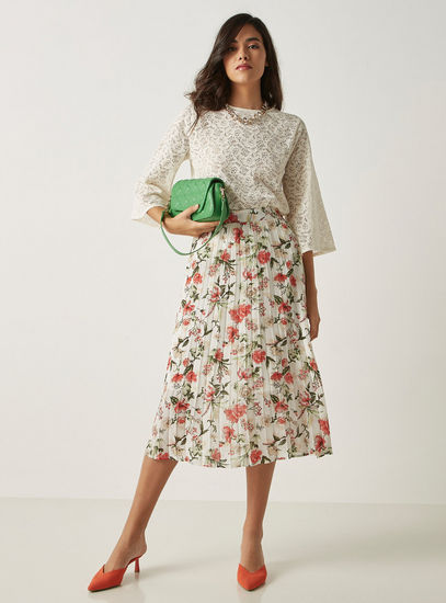 Floral Print Pleated Midi Skirt with Elasticated Waistband-Midi-image-1