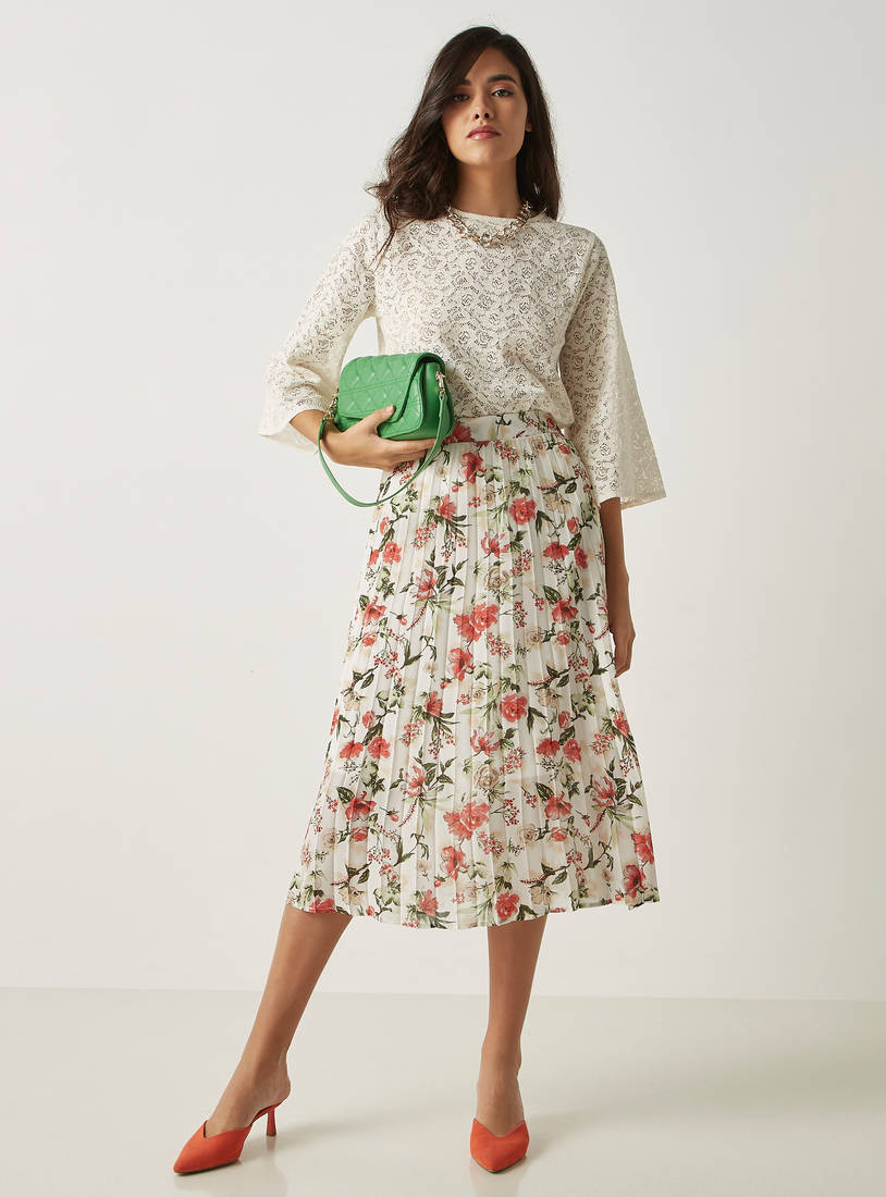 Floral Print Pleated Midi Skirt with Elasticated Waistband-Midi-image-1