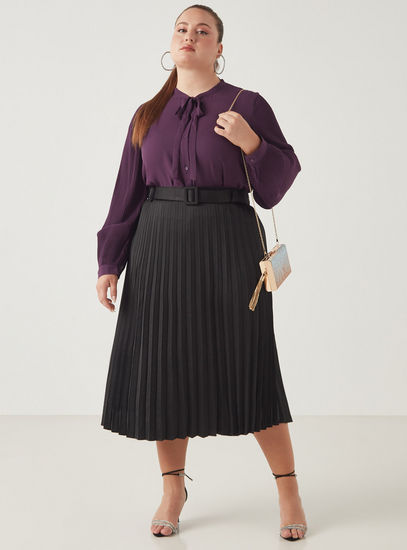 Pleated Skirt with Belt-Midi-image-1