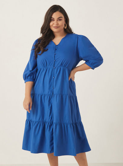 Solid Tiered Midi Dress with V-neck and 3/4 Sleeves-Midi-image-0