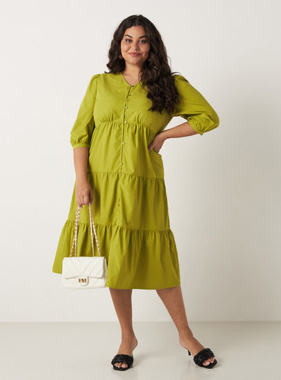 Solid Tiered Midi Dress with V-neck and 3/4 Sleeves-Midi-image-1