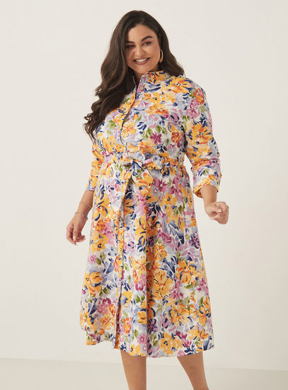 All Over Floral Print Midi Shirt Dress with Spread Collar and Belt Tie-Ups-Midi-image-0
