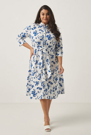 All Over Floral Print Midi Shirt Dress with Spread Collar and Belt Tie-Ups