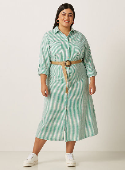 Cotton Striped Midi Shirt Dress with Jute Belt-Midi-image-0