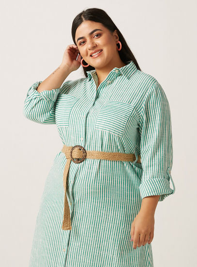 Cotton Striped Midi Shirt Dress with Jute Belt-Midi-image-1