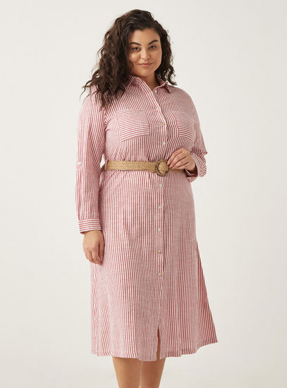Cotton Striped Midi Shirt Dress with Jute Belt-Midi-image-0