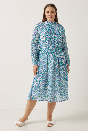All-Over Print Belted Midi Dress with Pintuck Detail