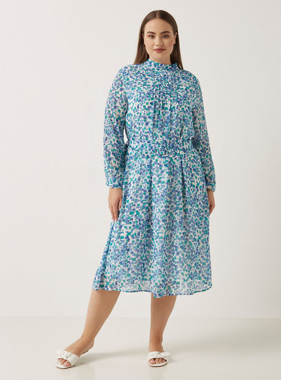 All-Over Print Belted Midi Dress with Pintuck Detail-Midi-image-0