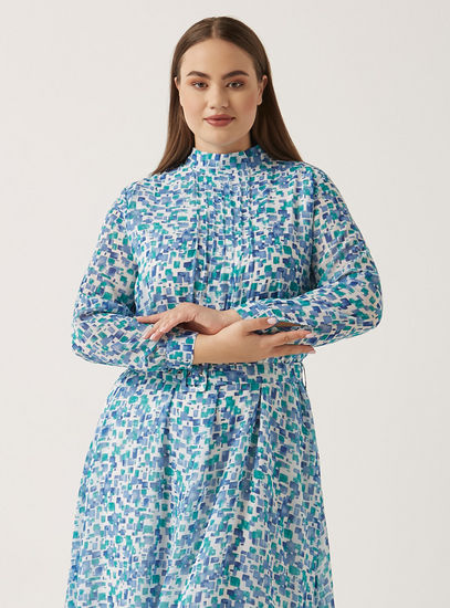 All-Over Print Belted Midi Dress with Pintuck Detail-Midi-image-1