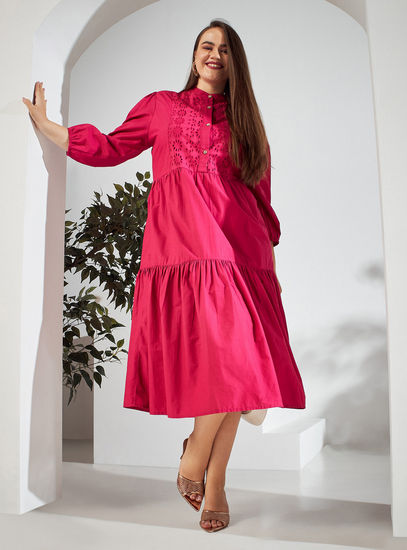 Schiffli Textured Midi Tiered Dress with Mandarin Collar-Midi-image-0